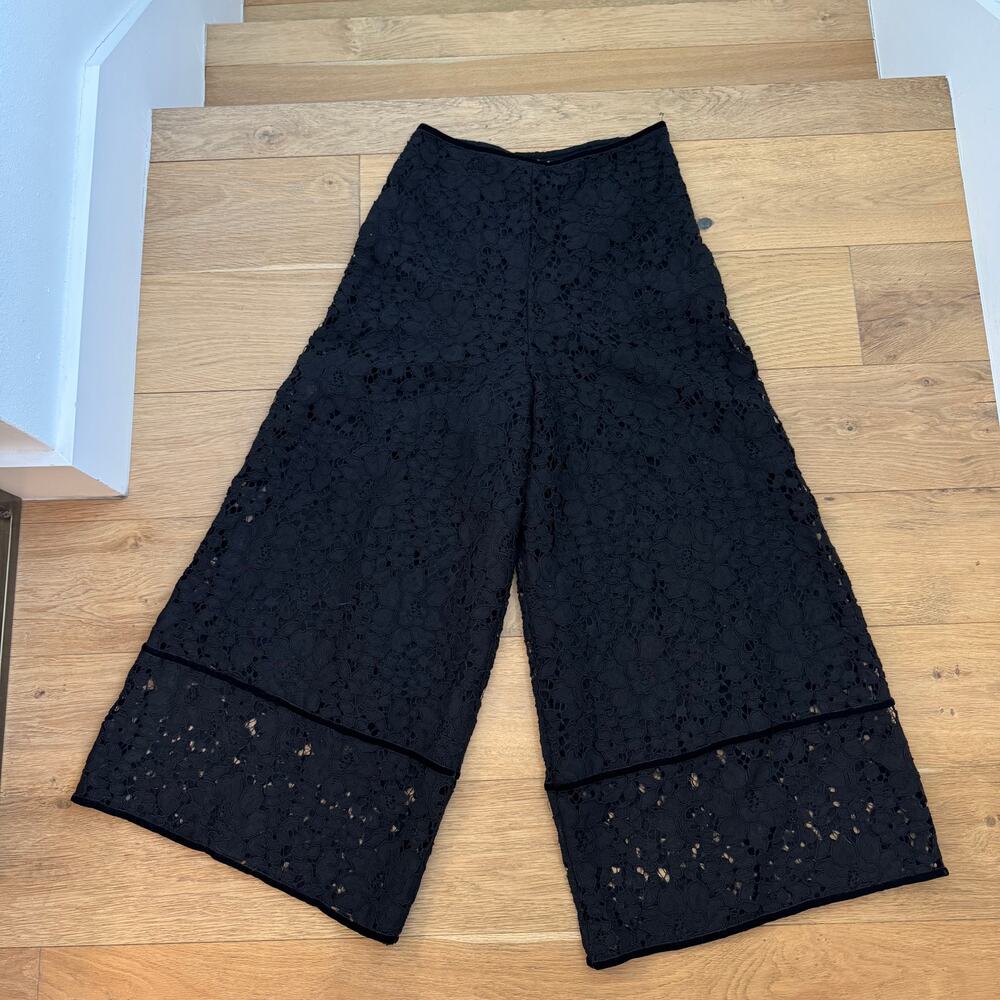 See by Chloé Black Lace Wide-Leg Cropped Pants Women's 34 FR /2 US /XS High Rise - Picture 13 of 14